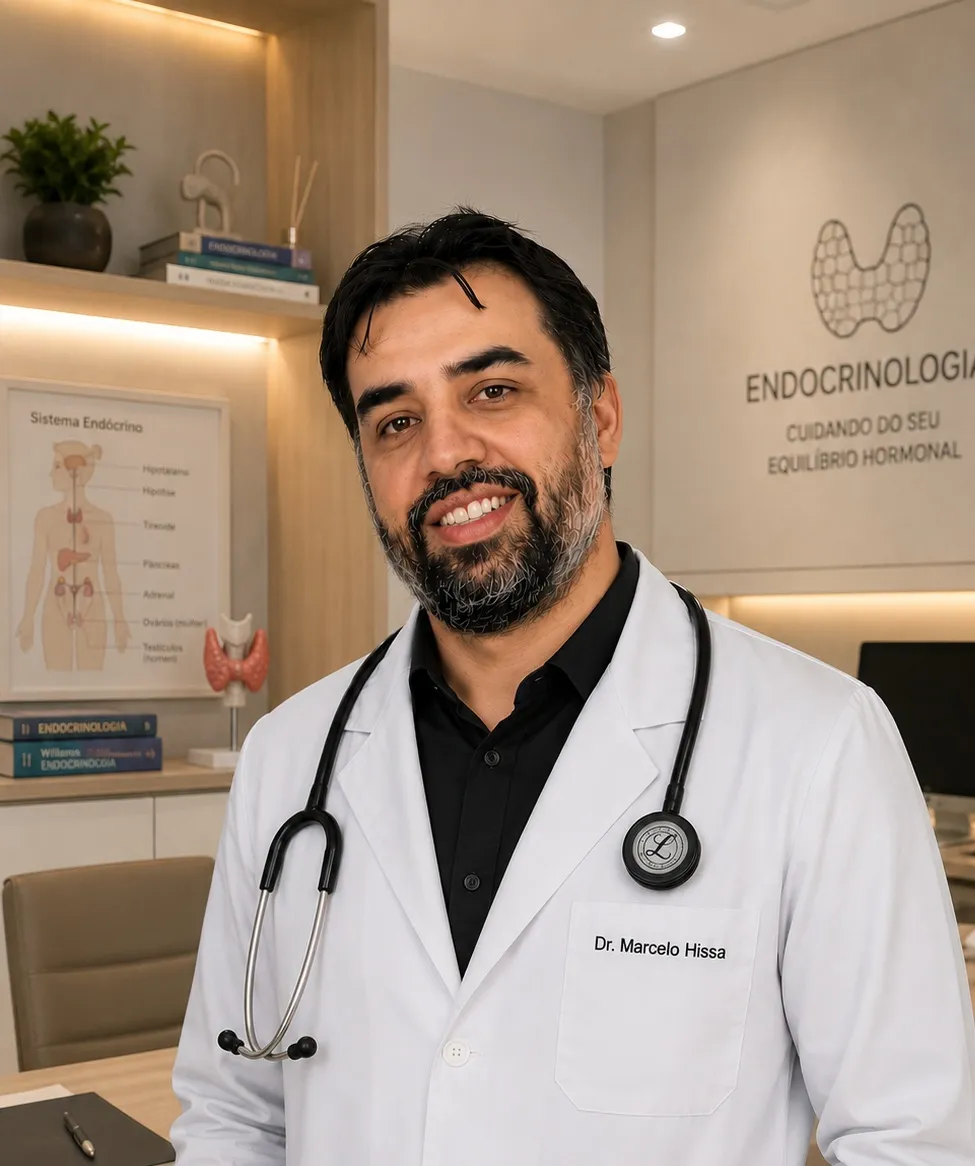 Dr. Marcelo Hissa, endocrinologista, de jaleco e estetoscópio no consultório da CLIMED